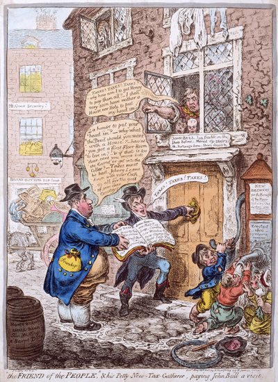 "O Amigo do Povo" e seu Petty New Tax Collather, fazendo uma visita a John Bull, publicada por Hannah Humphrey em 1806 (gravura à mão colorida) de James Gillray
